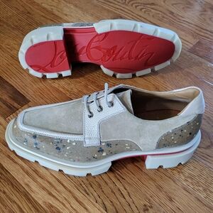 Christian Louboutin Beige Suede & Metallic Accent Derby with Red Sole